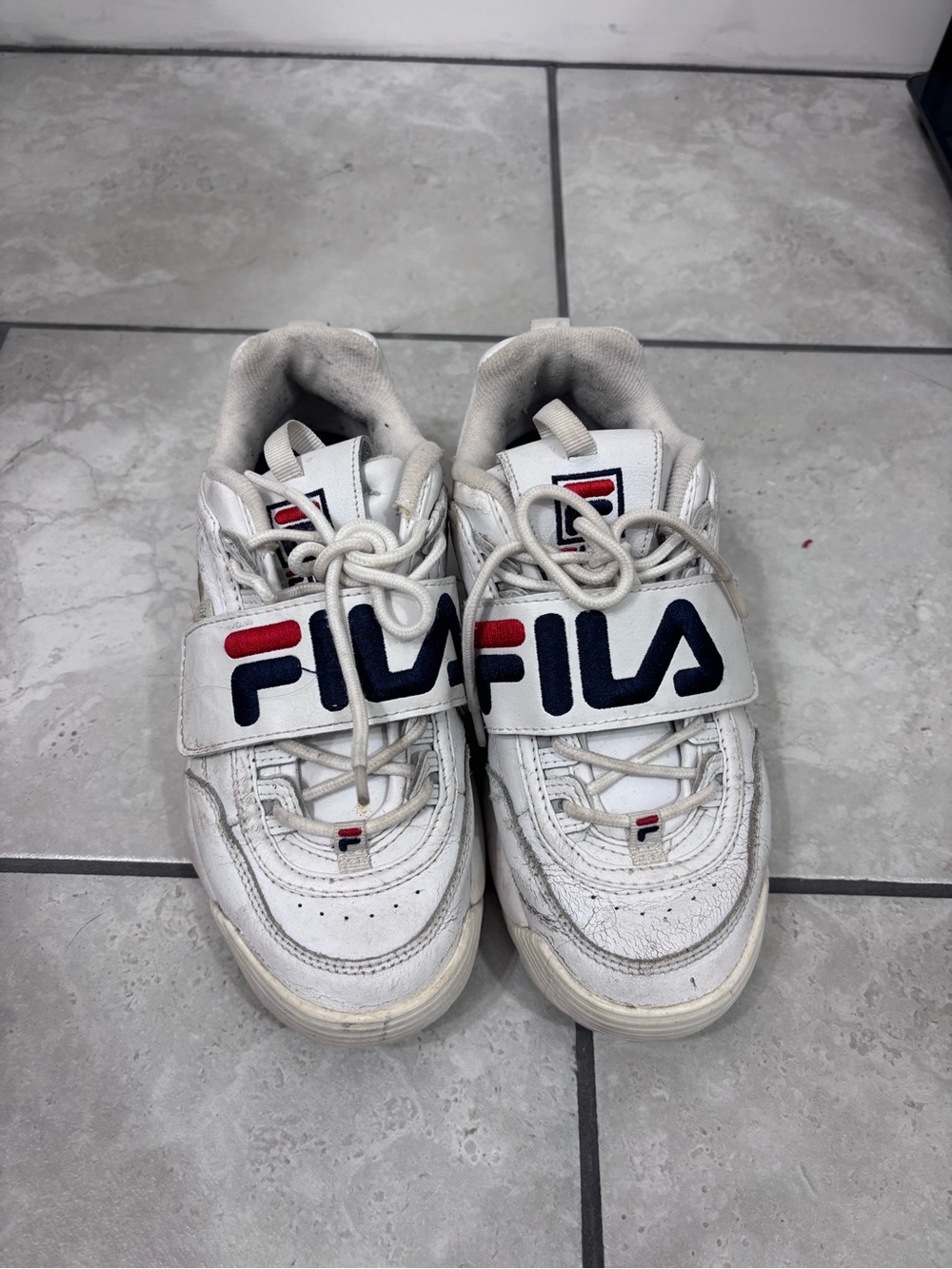 Fila womens White Leather Sneakers with Navy & Red Logo